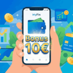 Ekran aplikacji MyFin z kartą płatniczą i informacją o bonusie 10 euro za pierwszą transakcję