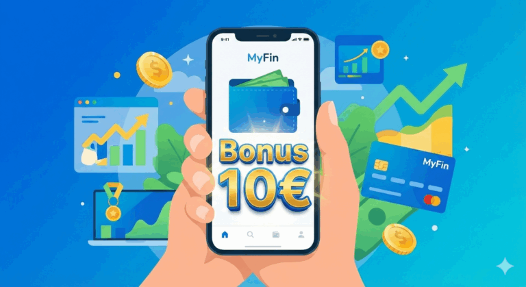 Ekran aplikacji MyFin z kartą płatniczą i informacją o bonusie 10 euro za pierwszą transakcję