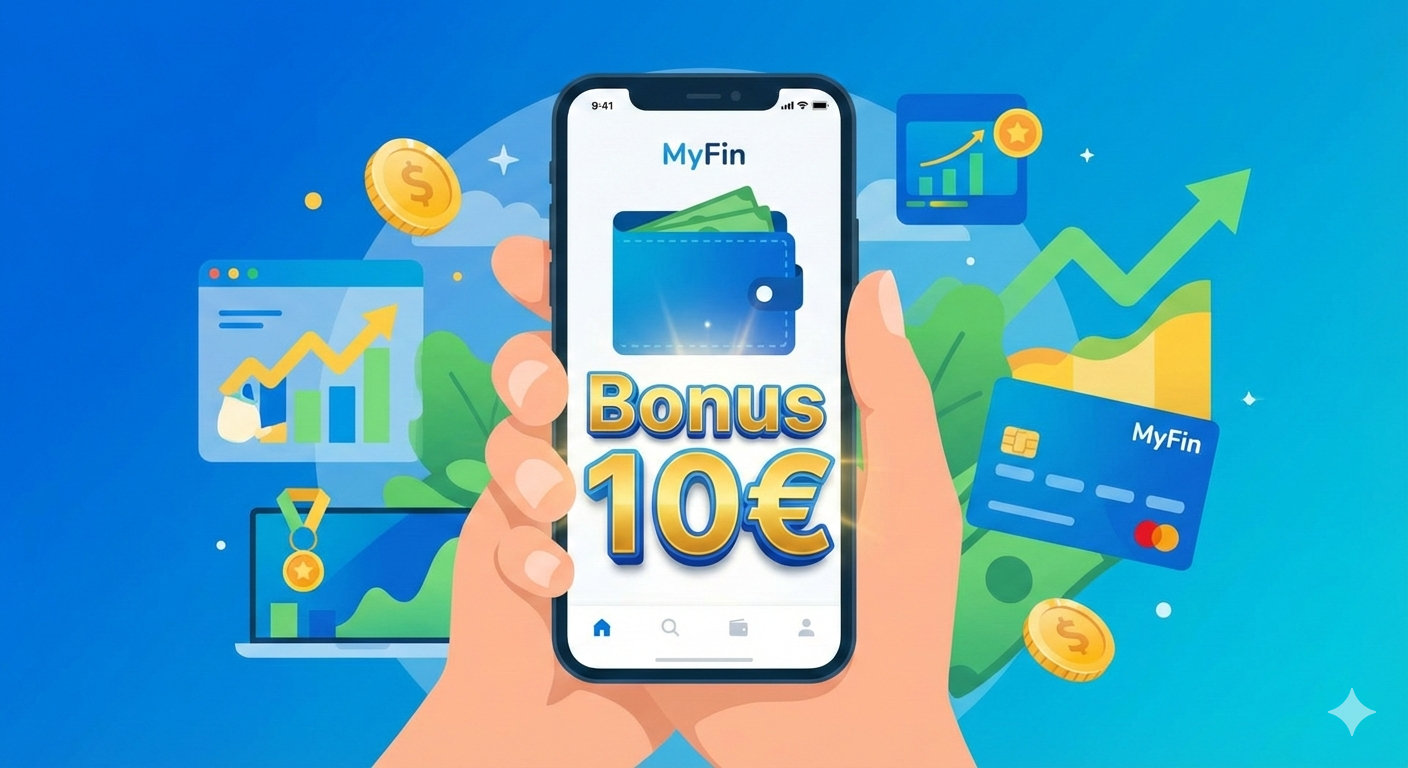 Ekran aplikacji MyFin z kartą płatniczą i informacją o bonusie 10 euro za pierwszą transakcję