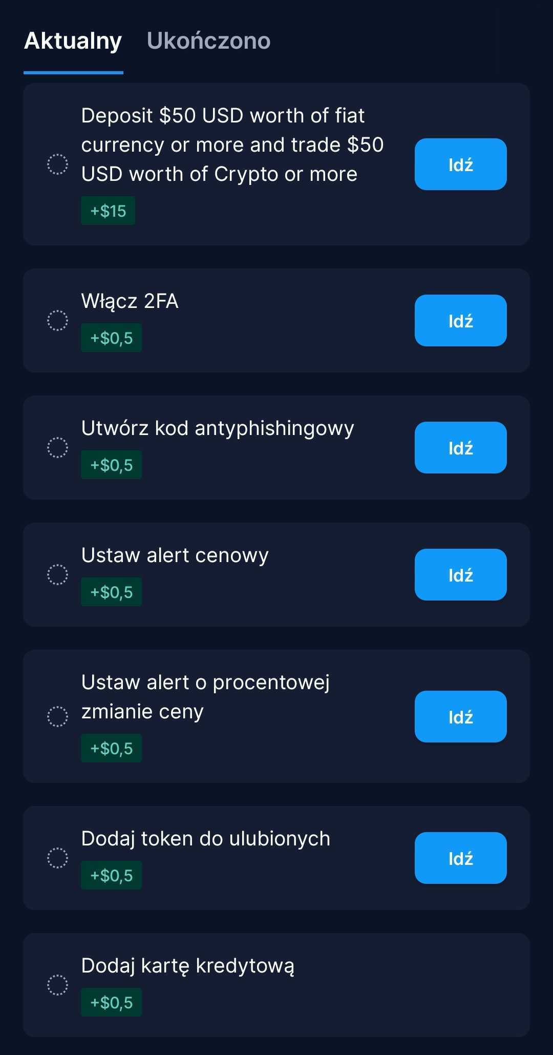 Lista bonusów dostępnych w aplikacji