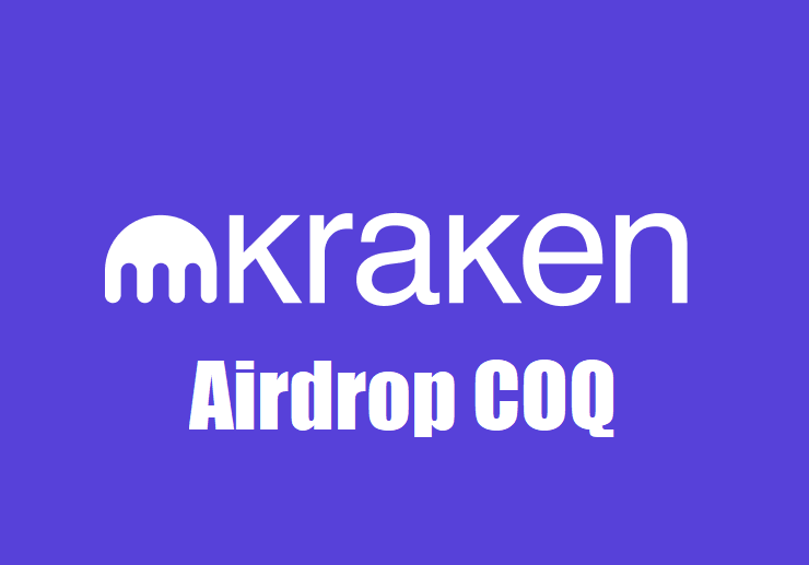 Logo COQ Inu z tłem giełdy Kraken symbolizujące airdrop tokenów