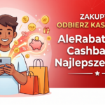 Ilustracja uśmiechniętego mężczyzny korzystającego ze smartfona, otoczonego torbami na zakupy, wózkiem sklepowym, latającymi monetami i świnką skarbonką. Z prawej strony na czerwonym tle znajduje się biało-żółty napis: ZAKUPY? ODBIERZ KASĘ I KODY! AleRabat 2026: Cashback + Najlepsze Zniżki.