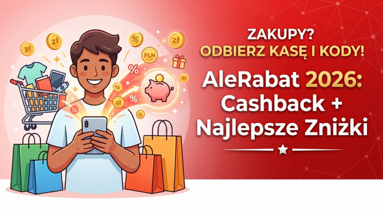 Ilustracja uśmiechniętego mężczyzny korzystającego ze smartfona, otoczonego torbami na zakupy, wózkiem sklepowym, latającymi monetami i świnką skarbonką. Z prawej strony na czerwonym tle znajduje się biało-żółty napis: ZAKUPY? ODBIERZ KASĘ I KODY! AleRabat 2026: Cashback + Najlepsze Zniżki.
