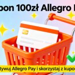 Grafika promocyjna z napisem "Kupon 100zł Allegro Pay" zachęcająca do aktywacji usługi Allegro Pay i korzystania z kuponu na zakupy w 2025 roku.