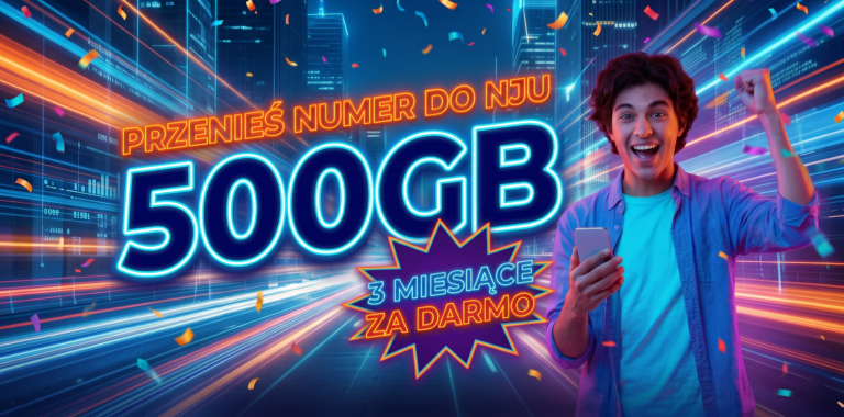 Dynamiczny, neonowy banner reklamowy w stylu cyberpunk, przedstawiający cieszącego się mężczyznę ze smartfonem na tle rozświetlonego miasta. Na środku widnieją duże napisy: 'PRZENIEŚ NUMER DO NJU', '500GB' oraz '3 MIESIĄCE ZA DARMO