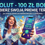 Atrakcyjna grafika reklamowa w nowoczesnym, neonowym stylu. Na górze umieszczono duży napis: „REVOLUT - 100 ZŁ BONUS! ODBIERZ SWOJĄ PREMIĘ TERAZ! ZA DOŁĄCZENIE DO BANKOWOŚCI CYFROWEJ”. Po lewej stronie radosna kobieta cieszy się z sukcesu, otoczona latającymi polskimi banknotami stuzłotowymi i złotymi monetami. Na środku dłoń trzyma smartfon z komunikatem „BONUS 100 ZŁ OTRZYMANY!” i zielonym symbolem zatwierdzenia. Po prawej stronie unosi się fioletowo-turkusowa karta wirtualna z napisami „DIGITAL CARD” i „PREMIA DOSTĘPNA”. Tło tworzą rozmyte światła futurystycznego miasta oraz dynamiczna, świecąca strzałka wykresu giełdowego skierowana w górę.