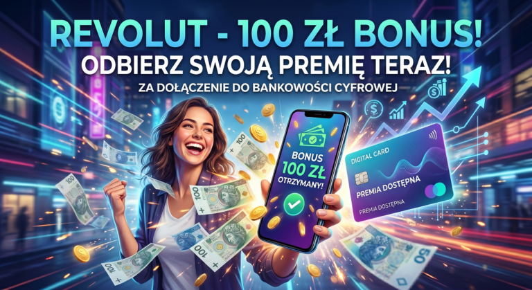 Atrakcyjna grafika reklamowa w nowoczesnym, neonowym stylu. Na górze umieszczono duży napis: „REVOLUT - 100 ZŁ BONUS! ODBIERZ SWOJĄ PREMIĘ TERAZ! ZA DOŁĄCZENIE DO BANKOWOŚCI CYFROWEJ”. Po lewej stronie radosna kobieta cieszy się z sukcesu, otoczona latającymi polskimi banknotami stuzłotowymi i złotymi monetami. Na środku dłoń trzyma smartfon z komunikatem „BONUS 100 ZŁ OTRZYMANY!” i zielonym symbolem zatwierdzenia. Po prawej stronie unosi się fioletowo-turkusowa karta wirtualna z napisami „DIGITAL CARD” i „PREMIA DOSTĘPNA”. Tło tworzą rozmyte światła futurystycznego miasta oraz dynamiczna, świecąca strzałka wykresu giełdowego skierowana w górę.