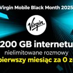 Logo Virgin Mobile z informacją o ofercie Black Month – 200 GB internetu i nielimitowane rozmowy