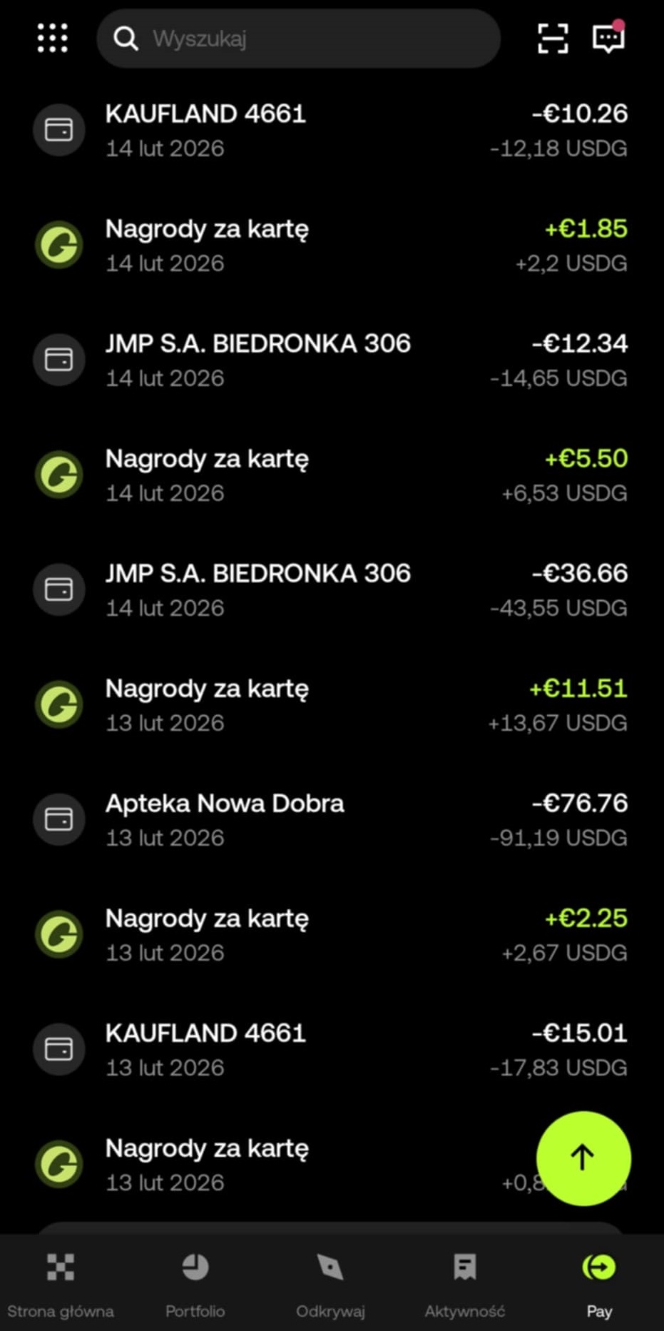 Transakcje cashback okx card