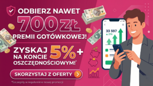 Uśmiechnięta osoba trzymająca smartfon z otwartą aplikacją Banku Millennium na tle napisu 700 zł premii za konto.
