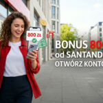 Kobieta trzymająca smartfon z aplikacją Santander Bank Polska i grafiką symbolizującą bonus 800 zł.