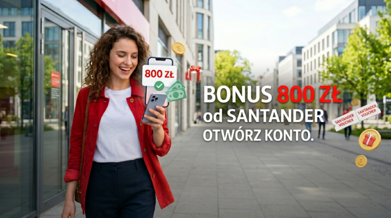Kobieta trzymająca smartfon z aplikacją Santander Bank Polska i grafiką symbolizującą bonus 800 zł.