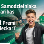 Uśmiechnięty, podekscytowany nastolatek trzymający zieloną kartę płatniczą na dynamicznym, zielonym tle z wyraźnymi napisami "Konto Samodzielniaka BNP Paribas" oraz "200zł Premii dla dziecka".