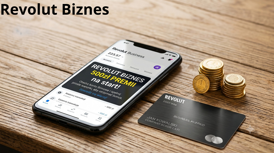 Zdjęcie bliskiego planu nowoczesnego smartfona na drewnianym biurku, wyświetlającego przejrzystą aplikację bankowości mobilnej z napisem w języku polskim: "REVOLUT BIZNES i 500zł PREMII". Obok telefonu leży elegancka, metalowa karta biznesowa i stos złotych monet.