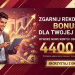 Grafika promocyjna w barwach burgundu i złota przedstawiająca uśmiechniętego biznesmena z tabletem na tle panoramy miasta. Widoczny jest rosnący wykres, monety oraz worek z pieniędzmi, obok tekstu informującego o rekordowym bonusie do 4400 zł.