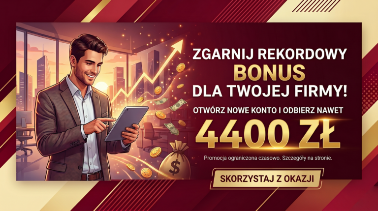 Grafika promocyjna w barwach burgundu i złota przedstawiająca uśmiechniętego biznesmena z tabletem na tle panoramy miasta. Widoczny jest rosnący wykres, monety oraz worek z pieniędzmi, obok tekstu informującego o rekordowym bonusie do 4400 zł.