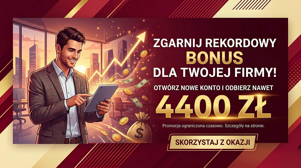 Grafika promocyjna w barwach burgundu i złota przedstawiająca uśmiechniętego biznesmena z tabletem na tle panoramy miasta. Widoczny jest rosnący wykres, monety oraz worek z pieniędzmi, obok tekstu informującego o rekordowym bonusie do 4400 zł.