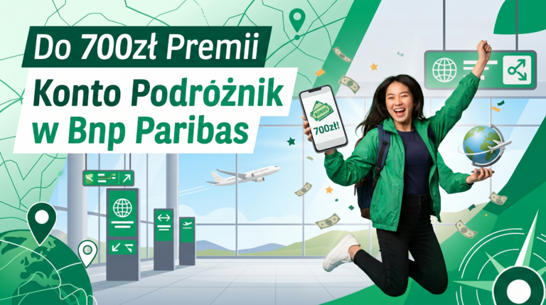 Dynamiczny baner reklamowy przedstawiający radosną kobietę w locie na tle terminala lotniczego. Trzyma ona smartfon z informacją o bonusie i model kuli ziemskiej. Po lewej stronie widoczne są duże, biało-zielone napisy: „Do 700zł Premii” oraz „Konto Podróżnik w Bnp Paribas”. Tło zdobią motywy mapy, kompasu i latające banknoty, a całość zachęca do skorzystania z promocji.