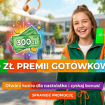 Uśmiechnięta nastolatka trzymająca kartę płatniczą na tle nowoczesnej grafiki z symbolem gotówki i napisem "300 ZŁ PREMII GOTÓWKOWEJ!". Baner promujący darmowe konto bankowe dla dzieci i młodzieży.