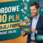 Reklama internetowego konta firmowego. Mężczyzna z tabletem i pieniędzmi. Tekst: REKORDOWE 4500 PLN DLA TWOJEJ FIRMY KONTO FIRMOWE ONLINE, PROWADZENIE ZA 0 ZŁ* OTWÓRZ KONTO.