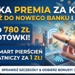 Baner reklamowy „Wielka premia za konto”, oferujący do 780 zł gotówki i smart pierścień płatniczy za 1 zł.