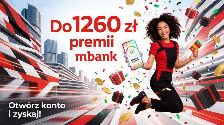 Dynamiczny baner reklamowy z radosną kobietą w locie, trzymającą smartphone i kartę. Duży tekst na górze: 'Do 1260 zł premii mbank'. Wokół unosi się deszcz złotych monet, prezentów i kolorowego konfetti w barwach mbanku (czerwony, biały, czarny). Styl fotograficzny, realistyczny