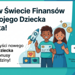 Nowoczesny baner promocyjny z ilustracją dwojga uśmiechniętych dzieci i informacją o bonusach za otwarcie konta bankowego.