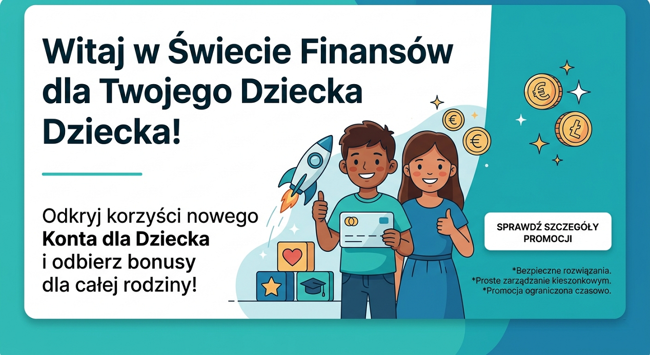 Nowoczesny baner promocyjny z ilustracją dwojga uśmiechniętych dzieci i informacją o bonusach za otwarcie konta bankowego.