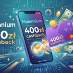 Nowoczesny baner z motywem smartfona i monet, symbolizujący cashback i zyski za płatności mobilne w promocji bankowej millenium 400zł