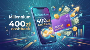 Nowoczesny baner z motywem smartfona i monet, symbolizujący cashback i zyski za płatności mobilne w promocji bankowej millenium 400zł