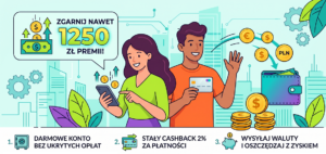 Kobieta trzymająca kartę płatniczą Nest Banku na tle nowoczesnego biura – promocja Nest Bank 1250 zł.