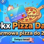 Kolorowy baner w stylu ilustracyjnym przedstawiający apetyczną pizzę na drewnianej łopatce oraz nowoczesną kartę płatniczą na tle dynamicznych, geometrycznych kształtów i wirtualnych monet. Na środku widnieją duże, czytelne napisy w języku polskim: "Okx Pizza Day" oraz "Darmowa pizza do 20$". Całość ma atrakcyjny i zachęcający charakter.