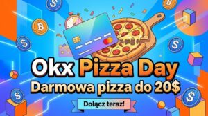 Kolorowy baner w stylu ilustracyjnym przedstawiający apetyczną pizzę na drewnianej łopatce oraz nowoczesną kartę płatniczą na tle dynamicznych, geometrycznych kształtów i wirtualnych monet. Na środku widnieją duże, czytelne napisy w języku polskim: "Okx Pizza Day" oraz "Darmowa pizza do 20$". Całość ma atrakcyjny i zachęcający charakter.