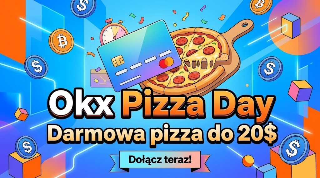 Kolorowy baner w stylu ilustracyjnym przedstawiający apetyczną pizzę na drewnianej łopatce oraz nowoczesną kartę płatniczą na tle dynamicznych, geometrycznych kształtów i wirtualnych monet. Na środku widnieją duże, czytelne napisy w języku polskim: "Okx Pizza Day" oraz "Darmowa pizza do 20$". Całość ma atrakcyjny i zachęcający charakter.