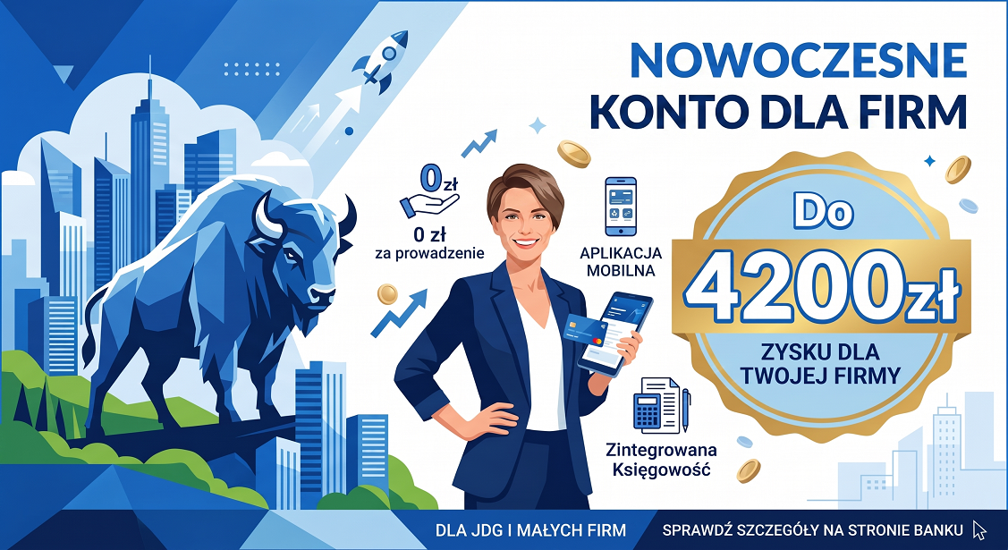 aner promocyjny: Konto Biznes z Żubrem w Banku Pekao S.A., oferujący do 4200 zł premii dla firm oraz aplikację mobilną i księgowość
