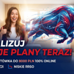 Dynamiczny baner reklamowy z wizerunkiem żubra i uśmiechniętą kobietą, promujący pożyczkę online do 8 000 zł, 0% prowizji i niskie RRSO, bez logotypów banku.