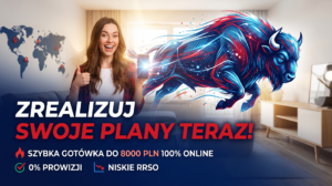 Dynamiczny baner reklamowy z wizerunkiem żubra i uśmiechniętą kobietą, promujący pożyczkę online do 8 000 zł, 0% prowizji i niskie RRSO, bez logotypów banku.