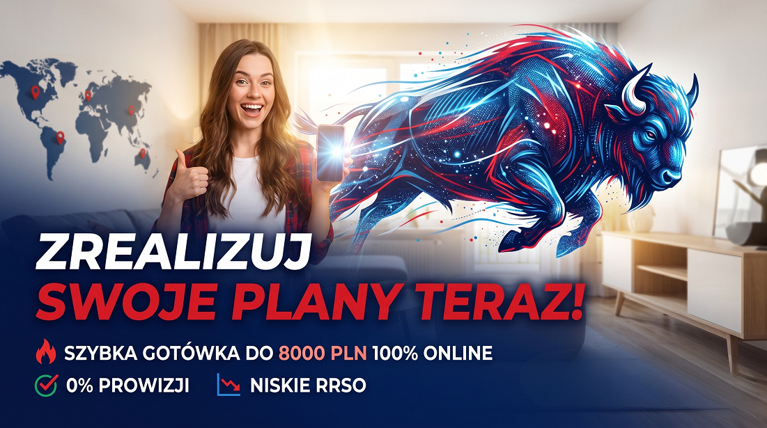 Dynamiczny baner reklamowy z wizerunkiem żubra i uśmiechniętą kobietą, promujący pożyczkę online do 8 000 zł, 0% prowizji i niskie RRSO, bez logotypów banku.