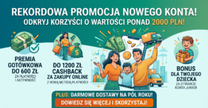 Kolorowy baner reklamowy promocji bankowej: 600 zł premii, 1200 zł cashbacku i bonus dla dziecka za otwarcie konta. Rekordowa promocja nowego konta z łączną pulą korzyści ponad 2000 zł.