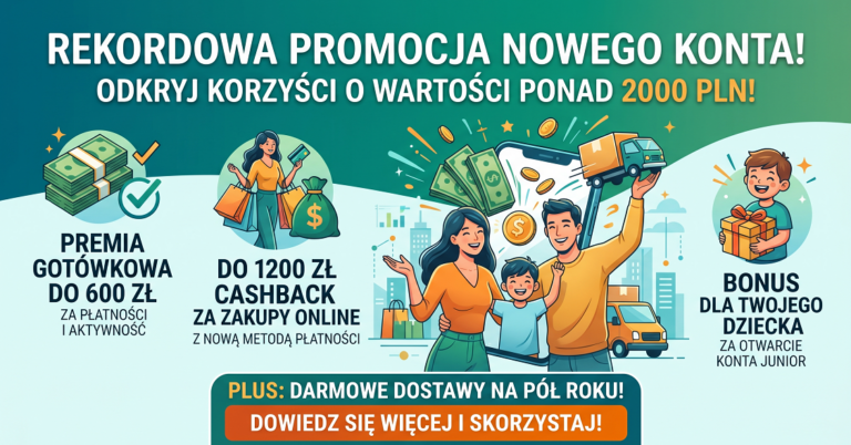 Kolorowy baner reklamowy promocji bankowej: 600 zł premii, 1200 zł cashbacku i bonus dla dziecka za otwarcie konta. Rekordowa promocja nowego konta z łączną pulą korzyści ponad 2000 zł.