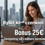 Realistyczne zdjęcie uśmiechniętej kobiety korzystającej ze smartfona, siedzącej przy biurku z laptopem na tle okna z widokiem na miasto. Na środku grafiki znajduje się duży, wyśrodkowany biały tekst: "Bybit kod czerwiec 2026", tuż pod nim wielki napis "Bonus 25€", a na dole mniejsze hasło: "Zarejestruj się i odbierz darmowe euro!". Z lewej strony umieszczono poglądową grafikę telefonu z otwartą aplikacją (nawiązującą do Bybit) i potwierdzeniem otrzymania bonusu w wysokości 25 EUR.