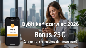 Realistyczne zdjęcie uśmiechniętej kobiety korzystającej ze smartfona, siedzącej przy biurku z laptopem na tle okna z widokiem na miasto. Na środku grafiki znajduje się duży, wyśrodkowany biały tekst: "Bybit kod czerwiec 2026", tuż pod nim wielki napis "Bonus 25€", a na dole mniejsze hasło: "Zarejestruj się i odbierz darmowe euro!". Z lewej strony umieszczono poglądową grafikę telefonu z otwartą aplikacją (nawiązującą do Bybit) i potwierdzeniem otrzymania bonusu w wysokości 25 EUR.