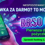Nowoczesny baner finansowy w neonowych barwach fioletu i zieleni, przedstawiający dłoń ze smartfonem wyświetlającym komunikat „Przelew zatwierdzony kwota 4000 zł”. W centrum znajduje się świecący napis 3D „RRSO 0%” oraz hasła: „Niespodziewany wydatek? Gotówka za darmo? To możliwe!”, „Pierwsza darmowa pożyczka online” oraz zielony przycisk Call to Action „Sprawdź Ranking (Czerwiec 2026)”