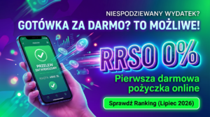 Nowoczesny baner finansowy w neonowych barwach fioletu i zieleni, przedstawiający dłoń ze smartfonem wyświetlającym komunikat „Przelew zatwierdzony kwota 4000 zł”. W centrum znajduje się świecący napis 3D „RRSO 0%” oraz hasła: „Niespodziewany wydatek? Gotówka za darmo? To możliwe!”, „Pierwsza darmowa pożyczka online” oraz zielony przycisk Call to Action „Sprawdź Ranking (Czerwiec 2026)”