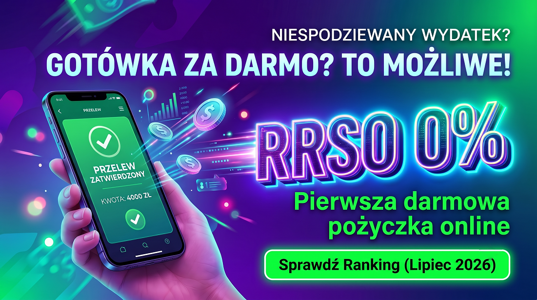 Nowoczesny baner finansowy w neonowych barwach fioletu i zieleni, przedstawiający dłoń ze smartfonem wyświetlającym komunikat „Przelew zatwierdzony kwota 4000 zł”. W centrum znajduje się świecący napis 3D „RRSO 0%” oraz hasła: „Niespodziewany wydatek? Gotówka za darmo? To możliwe!”, „Pierwsza darmowa pożyczka online” oraz zielony przycisk Call to Action „Sprawdź Ranking (Lipiec 2026)”