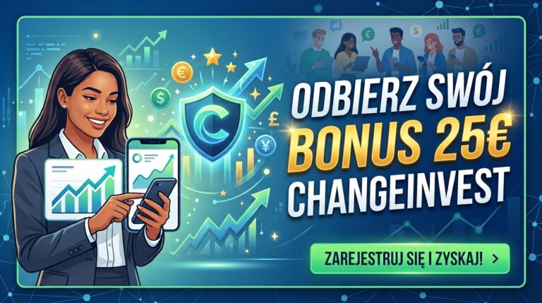 Baner promocyjny Changeinvest przedstawiający kobietę ze smartfonem na tle wykresów finansowych oraz napis: „Odbierz swój BONUS 25€ Changeinvest” z przyciskiem „Zarejestruj się i zyskaj!”.