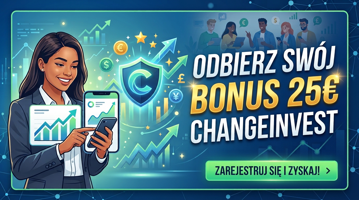 Baner promocyjny Changeinvest przedstawiający kobietę ze smartfonem na tle wykresów finansowych oraz napis: „Odbierz swój BONUS 25€ Changeinvest” z przyciskiem „Zarejestruj się i zyskaj!”.