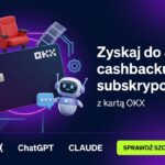 Nowoczesny baner promocyjny karty OKX z hasłem „Zyskaj do 50% cashbacku na subskrypcje! z kartą OKX”. Po lewej stronie widać ciemną kartę płatniczą z prostym napisem OKX, otoczoną neutralnymi ilustracjami 3D: popcornem, fotelem kinowym i przyjaznym robotem AI. Na dole widnieją bezpieczne, tekstowe nazwy usług: NETFLIX, ChatGPT, CLAUDE oraz jaskrawy przycisk „SPRAWDŹ SZCZEGÓŁY”.