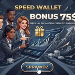 Baner promocyjny Speed Wallet przedstawiający czterech uśmiechniętych biznesmenów w garniturach wskazujących na tablet z wykresami wzrostu i ikoną prezentu, z tekstem „Bonus 75$ - Sprawdź”.