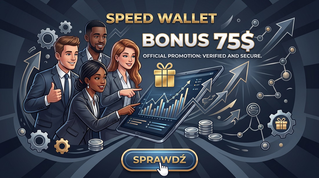 Baner promocyjny Speed Wallet przedstawiający czterech uśmiechniętych biznesmenów w garniturach wskazujących na tablet z wykresami wzrostu i ikoną prezentu, z tekstem „Bonus 75$ - Sprawdź”.